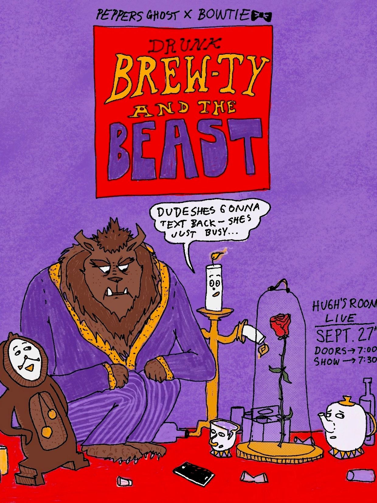 Cartoon beast and enchanted household items with event details.