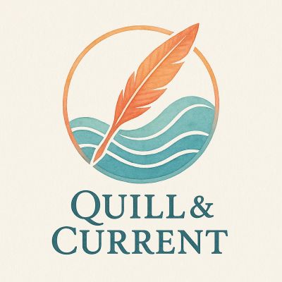 Logo with a feather and water waves.