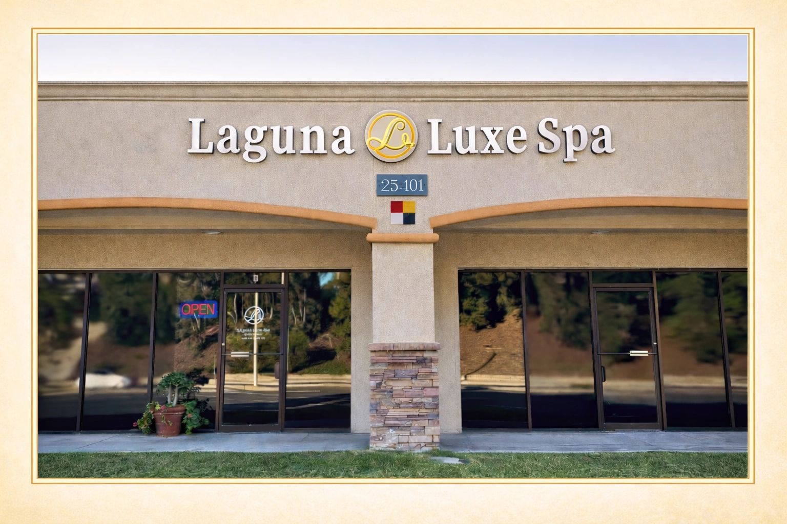Clean, professional medical spa treatment room with neutral tones at Laguna Luxe Spa in Laguna Beach