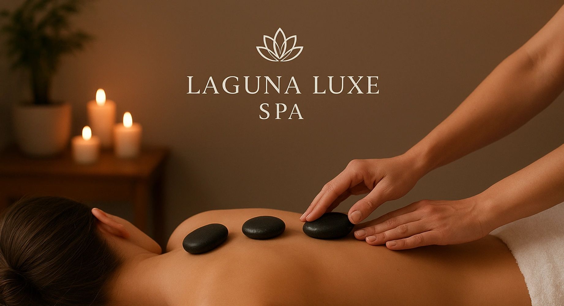 Relaxing hot stone massage at Laguna Luxe Spa with calming candlelight ambiance.