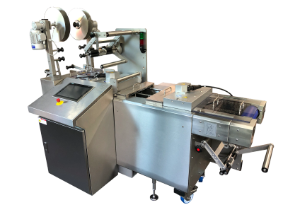 Industrial packaging machine with stainless steel design.
