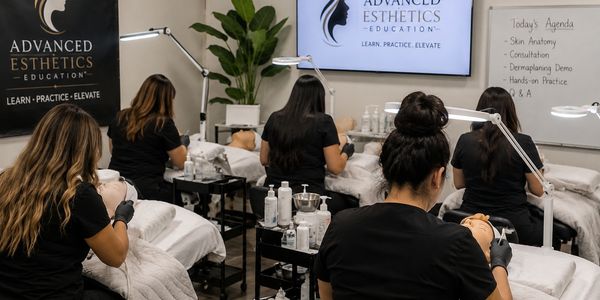 Students practicing esthetic procedures in a classroom.