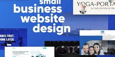 Collage showcasing small business website design examples on a blue background.