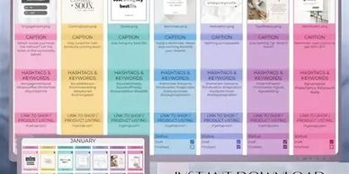 Color-coded social media content planning calendar for January with captions, hashtags, and keywords.