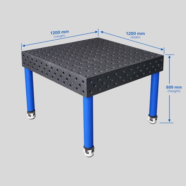 Black perforated table with blue legs and dimensions.