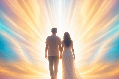 Couple walking towards radiant light.
