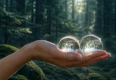 Hand holding two glowing crystal balls in a forest.