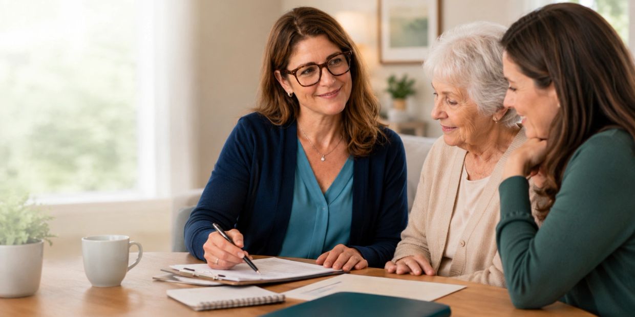 Three women discussing documents together at a table.