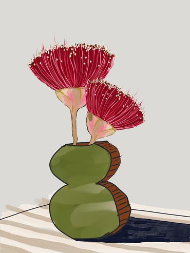 Stylized illustration of two red flowers in a green, curvy vase with shadow.