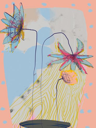 Abstract flowers in a colorful, textured background with flowing lines.