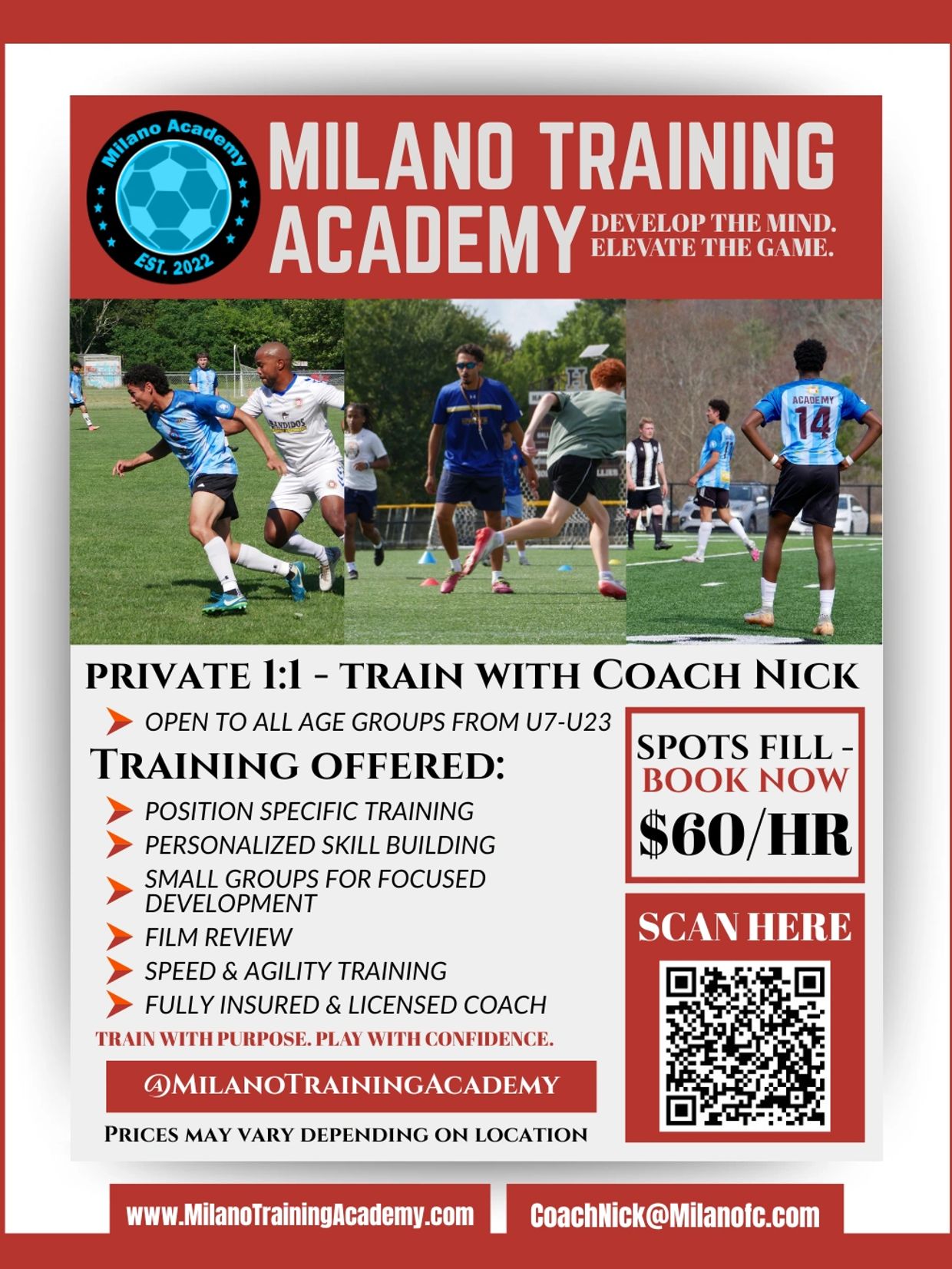 Milano Training Academy offers private 1:1 soccer coaching with Coach Nick for all ages.