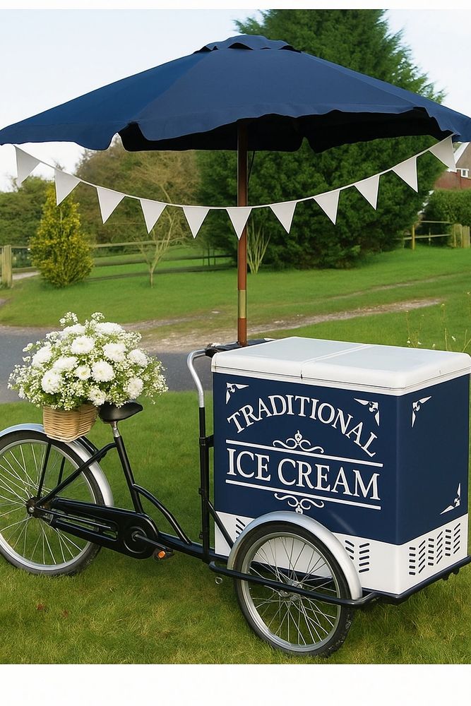 A vintage-style ice cream tricycle with a blue umbrella and flower basket.