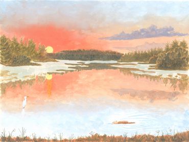 Sunset over a river with a bird and beaver.