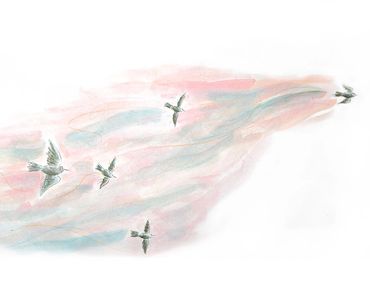 Watercolor painting of birds flying with a pastel background.