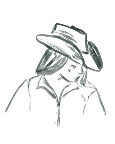 Black and white sketch of cowgirl.