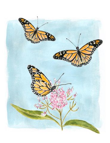 Three monarch butterflies around a pink flower with green leaves.