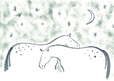Sketch of two horses under a starry night sky.