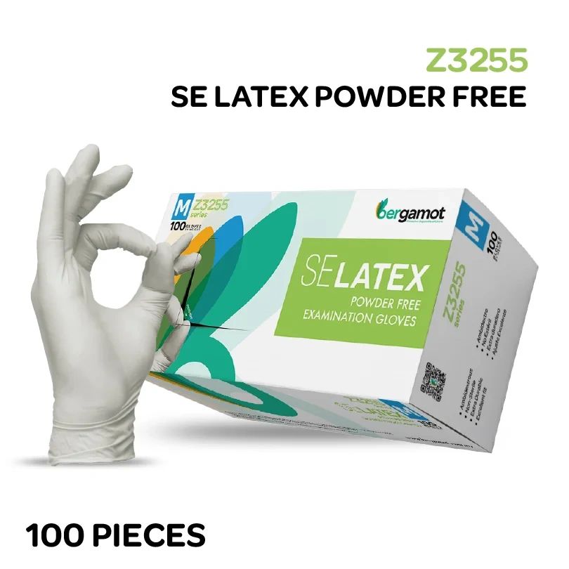 Box of SE Latex powder-free examination gloves with hand making OK gesture.