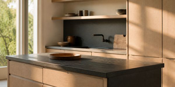 Minimalist kitchen with wooden cabinetry and a stone countertop island.