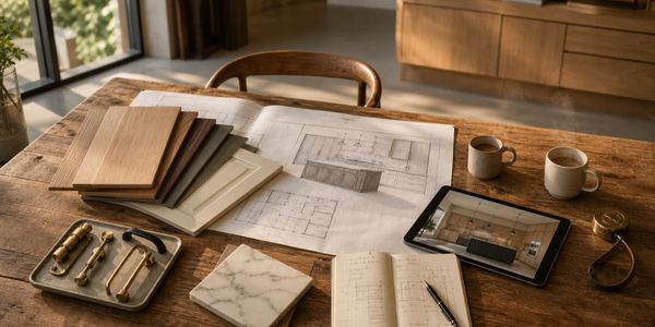 Workspace with architectural plans, wood samples, and design tools on a wooden table.