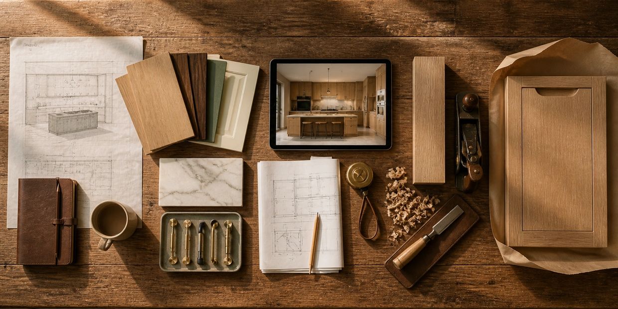 Flat lay of interior design tools and materials on wooden table.