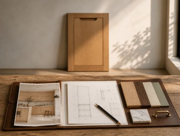 Interior design workspace with kitchen photo, sketches, and material samples.