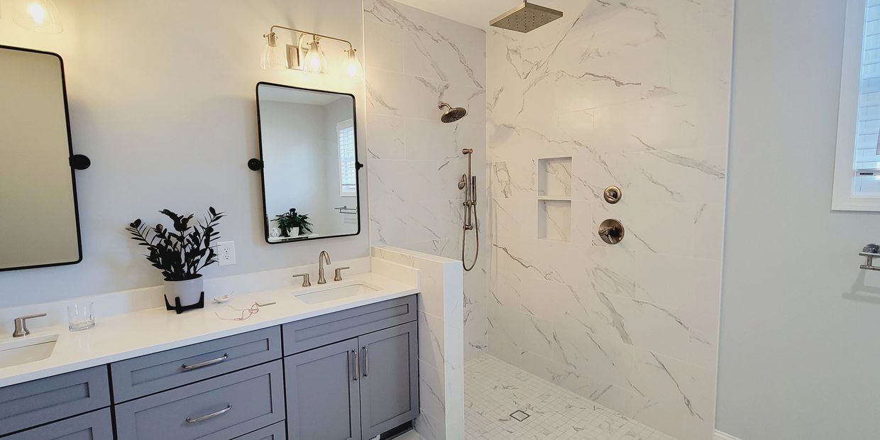 Tiled bathroom with curbless shower