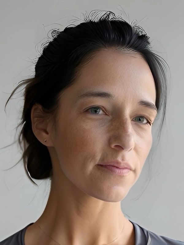 Close-up of a woman with a thoughtful expression and natural makeup.