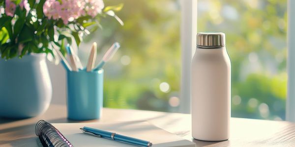 A white insulated bottle on a desk with a pen, notebook, and flowers in soft natural light.