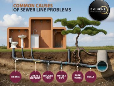 Illustration of common sewer line problems including debris, grease, broken pipes, and tree roots.