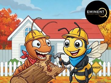 Cartoon ants wearing construction hats repairing a wooden log in front of a house.