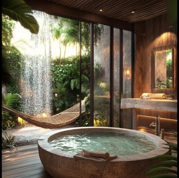Indoor spa with round tub and hammock by a waterfall.
