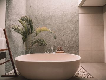 Modern freestanding bathtub with plant and towel ladder.