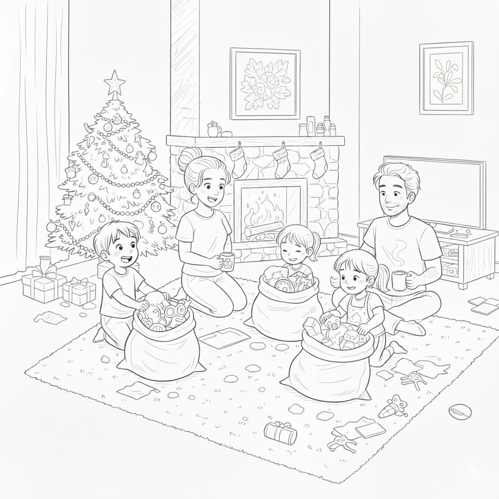 Family joyfully opening Christmas presents and Santa gifts around a cozy Christmas fireplace and decorated Christmas tree