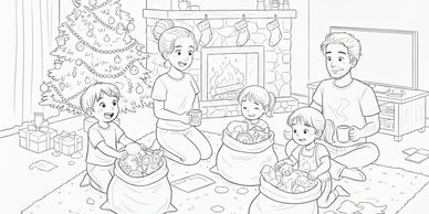 Family joyfully opening Christmas presents around a cozy fireplace and decorated Christmas tree.