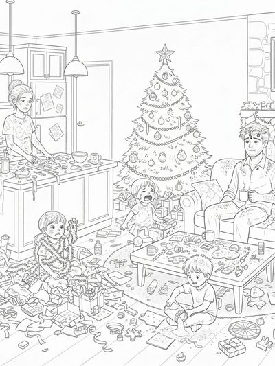A chaotic Christmas scene with messy kids and tired parents in a Christmas decorated living room. Mum doing Christmas baking.