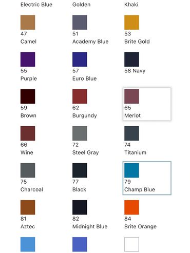 Color chart with various shades and names.