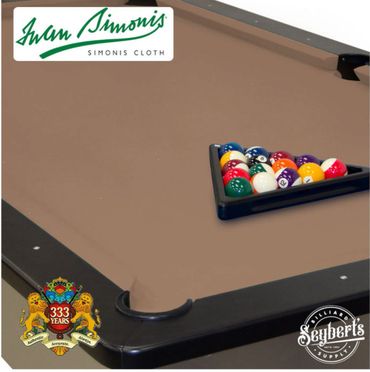 A brown pool table with a complete set of billiard balls racked and ready to play.