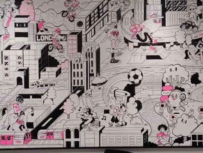 Black and white doodle art with pink highlights showing various urban and playful scenes.