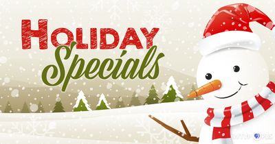 Festive holiday specials banner with a smiling snowman in a Santa hat.