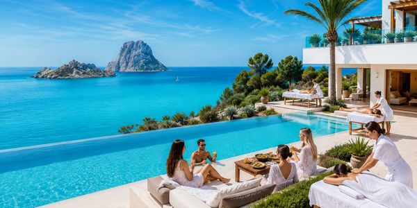 Luxury villa wellness experience in Ibiza with friends enjoying mobile massage treatment by the pool