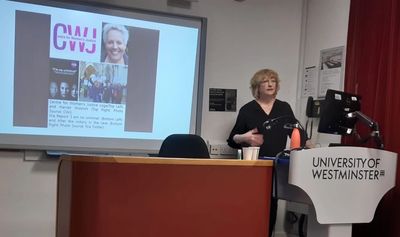 Cris McCurley delivering her lecture at Westminster Law School for the Feminist Law Society
