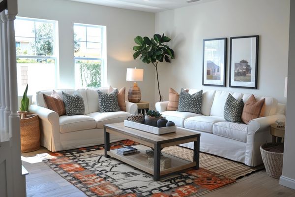 Cozy living room with white sofas and patterned cushions.
