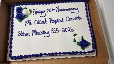 Cake celebrating 70th anniversary of Mt. Olivet Baptist Church Usher Ministry from 1955-2025.