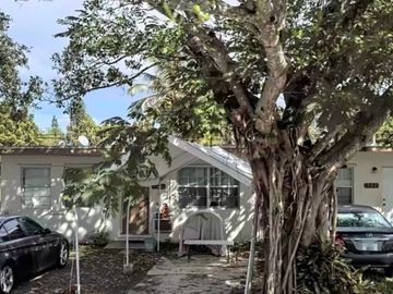 Small house with large tree and two parked cars.