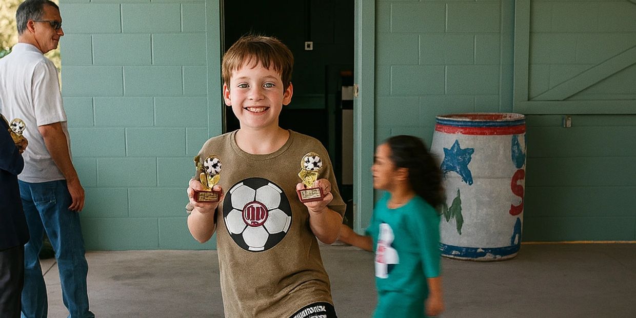 A boy proudly holds two soccer trophies with a big smile.