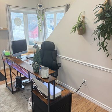 Modern office desk with computer, plants, and a comfortable chair near large windows.
