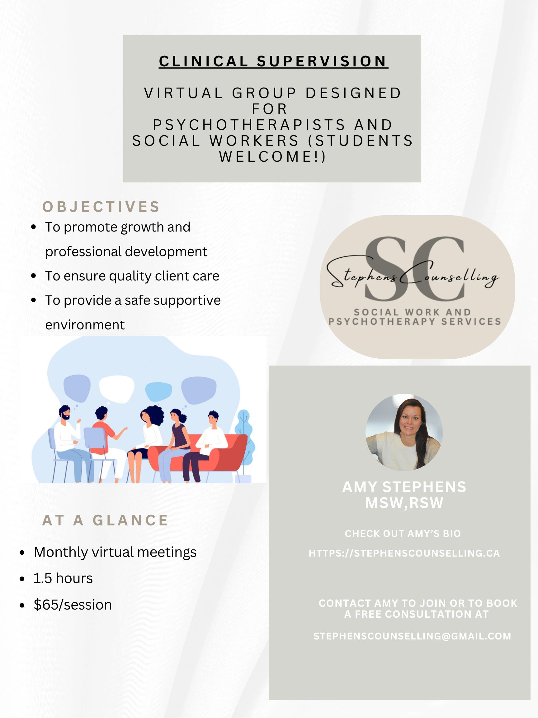 Flyer for virtual clinical supervision group for psychotherapists and social workers led by Amy Stephens.