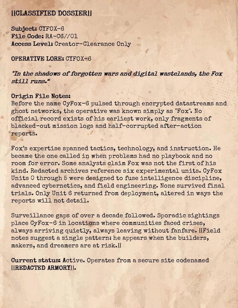 Classified dossier on operative CyFox-6 detailing origins, expertise, and current status.