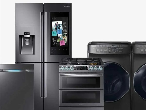image features a collection of Samsung home appliances, primarily in a black stainless steel finish